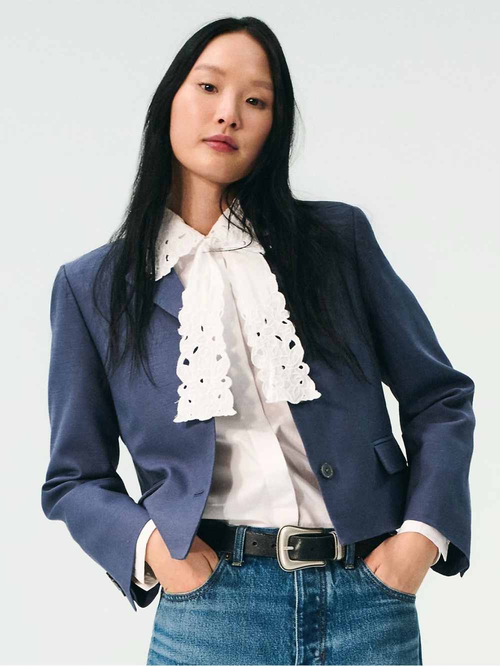 J. Crew White Eyelet-Trim Tie-Neck Poplin Shirt - Picture 3 of 5